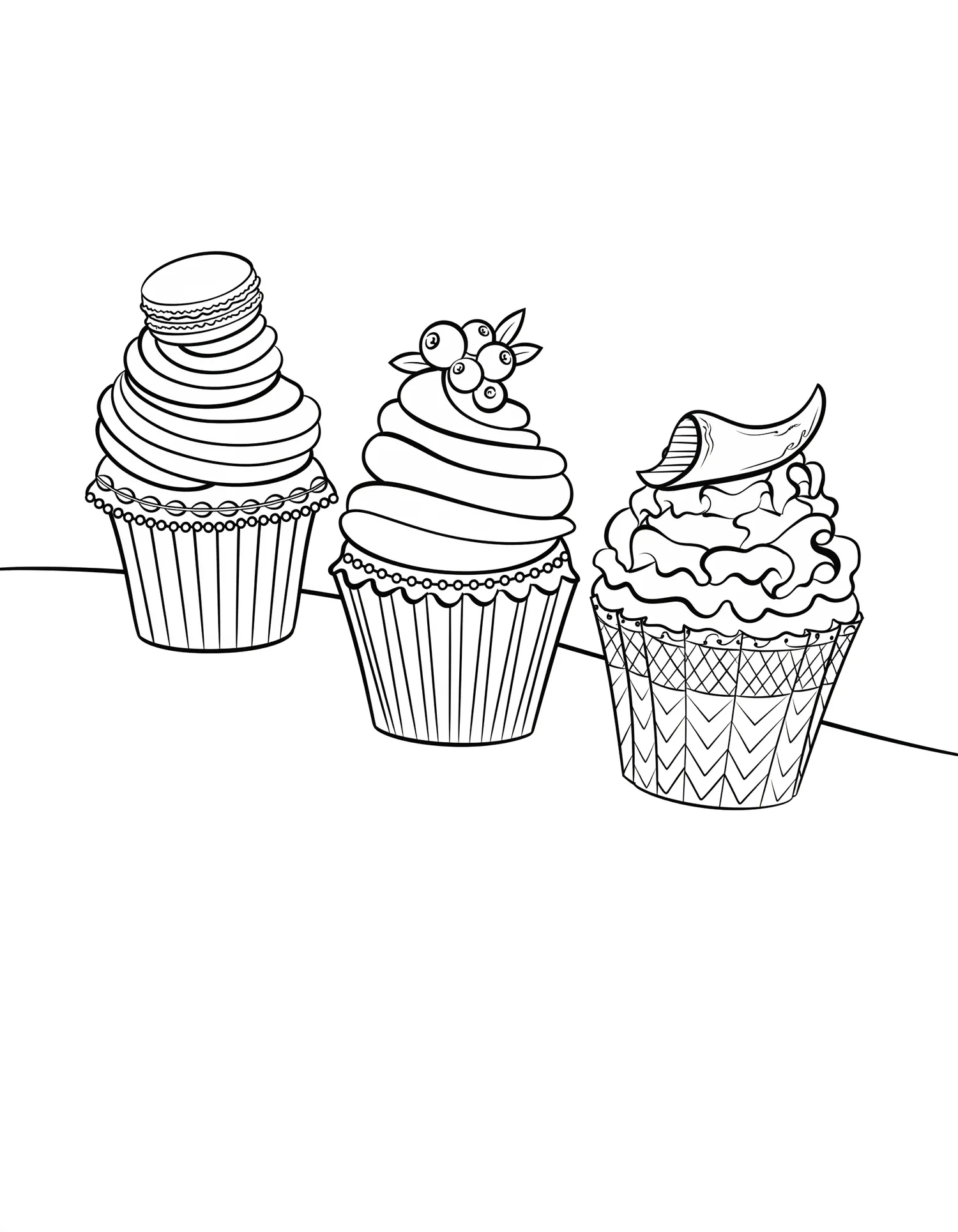Cupcakes Trio Fantaisie, Coloriage pâtisserie à imprimer gratuitement